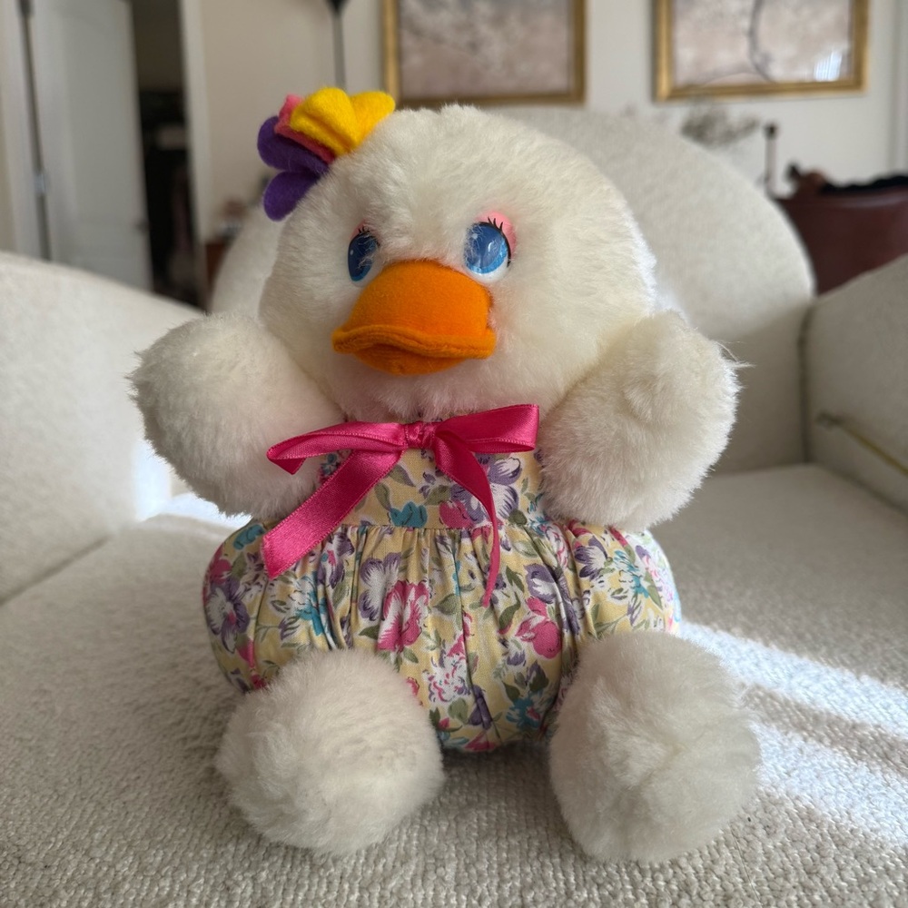 VINTAGE 90s Floral Plush Duck Toy with Pink Bow baby Duck geese plushie